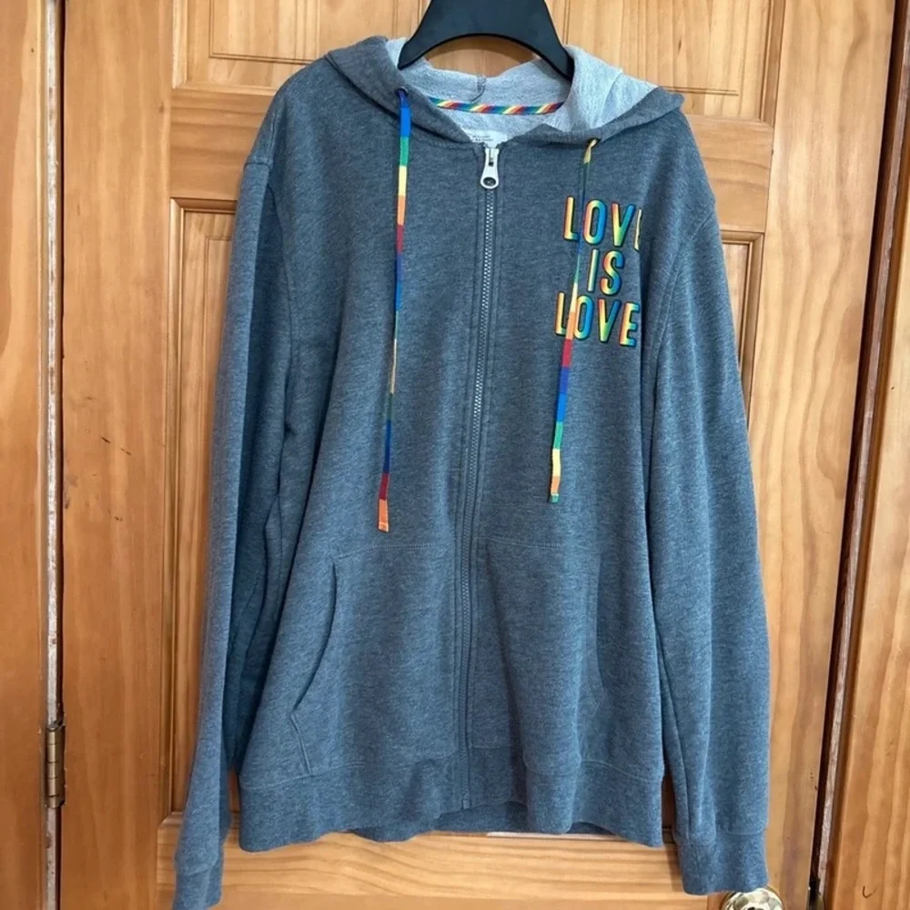 Men's Gray Zip Hoodie Sweatshirt with 'Love Is Love' Accent